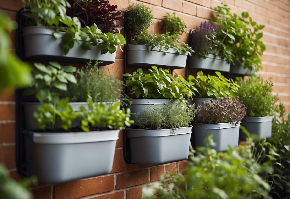 Close up of a variety of herbs in plastic containers sitting in a vertical herb garden on a brick wall.