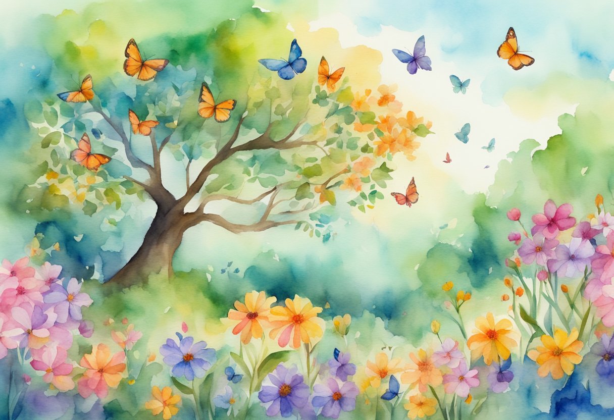A digital watercolor of a sunny tree with flowers and butterflies