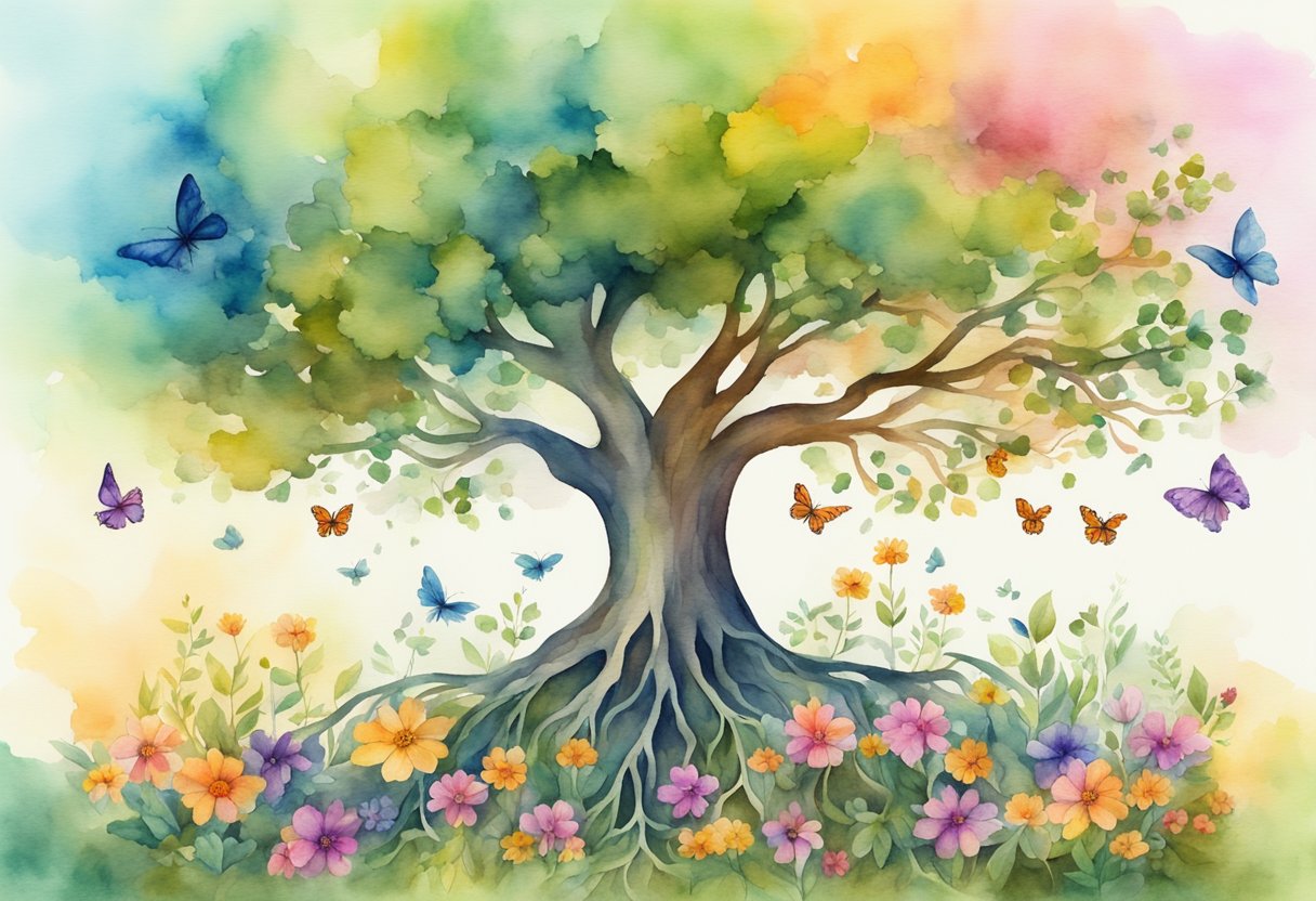 A digital watercolor of a tree of life with flowers and butterflies