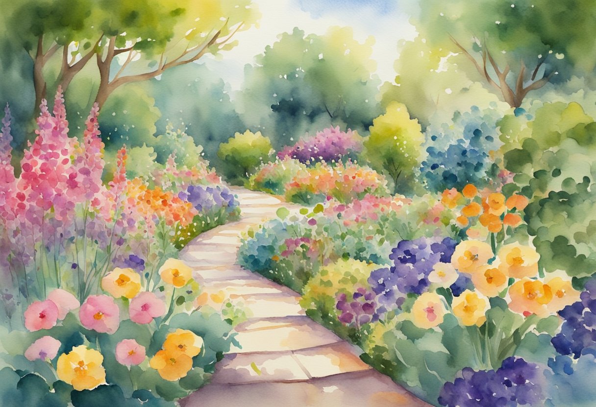 A digital watercolor of a walkpath through a flower garden