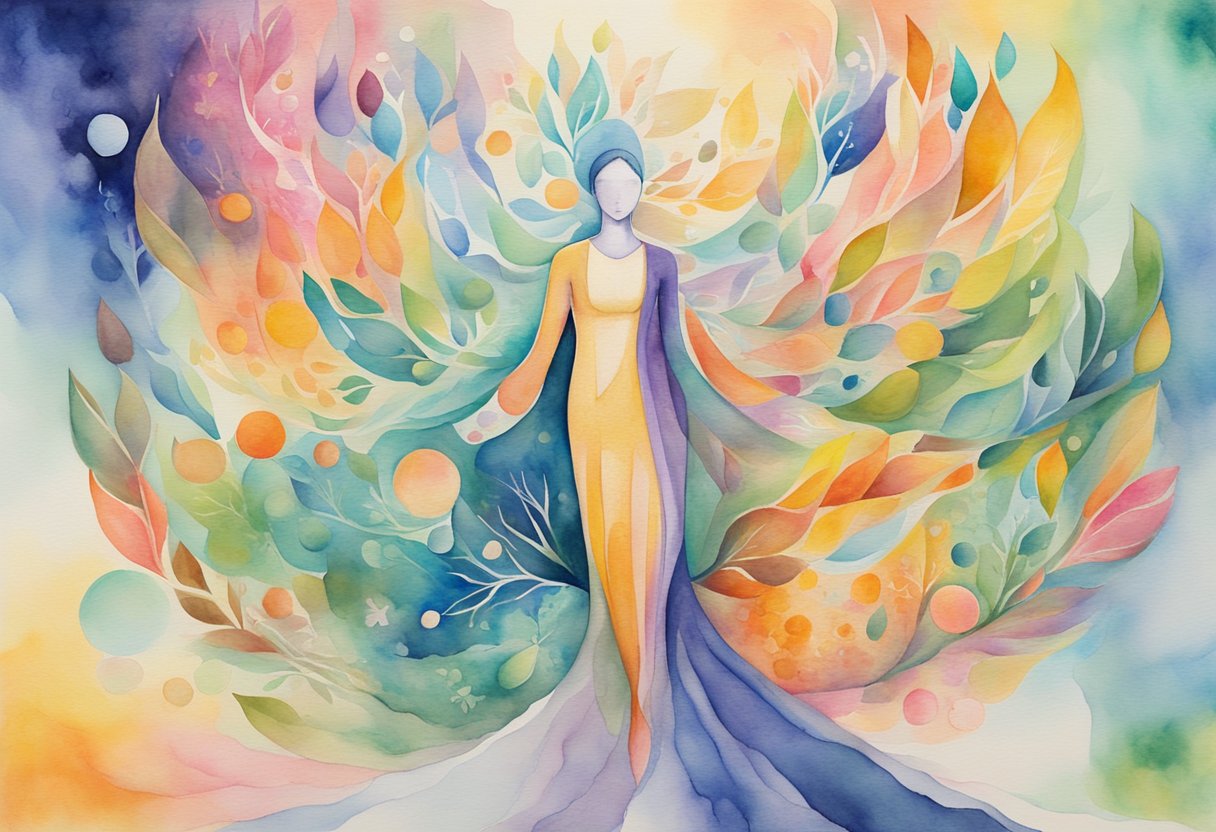 A digital watercolor of a female deity