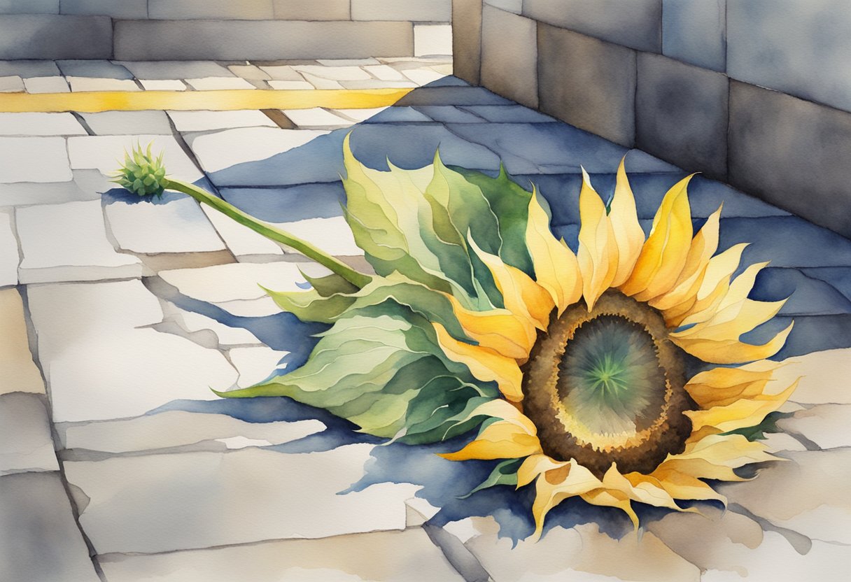 a digital watercolor of a sunflower lying on stone.