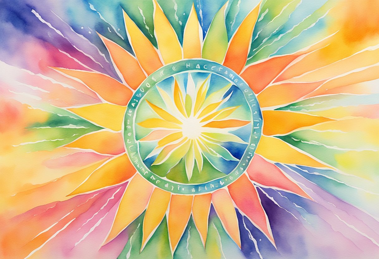A digital watercolor of a sun with radiating beams of light