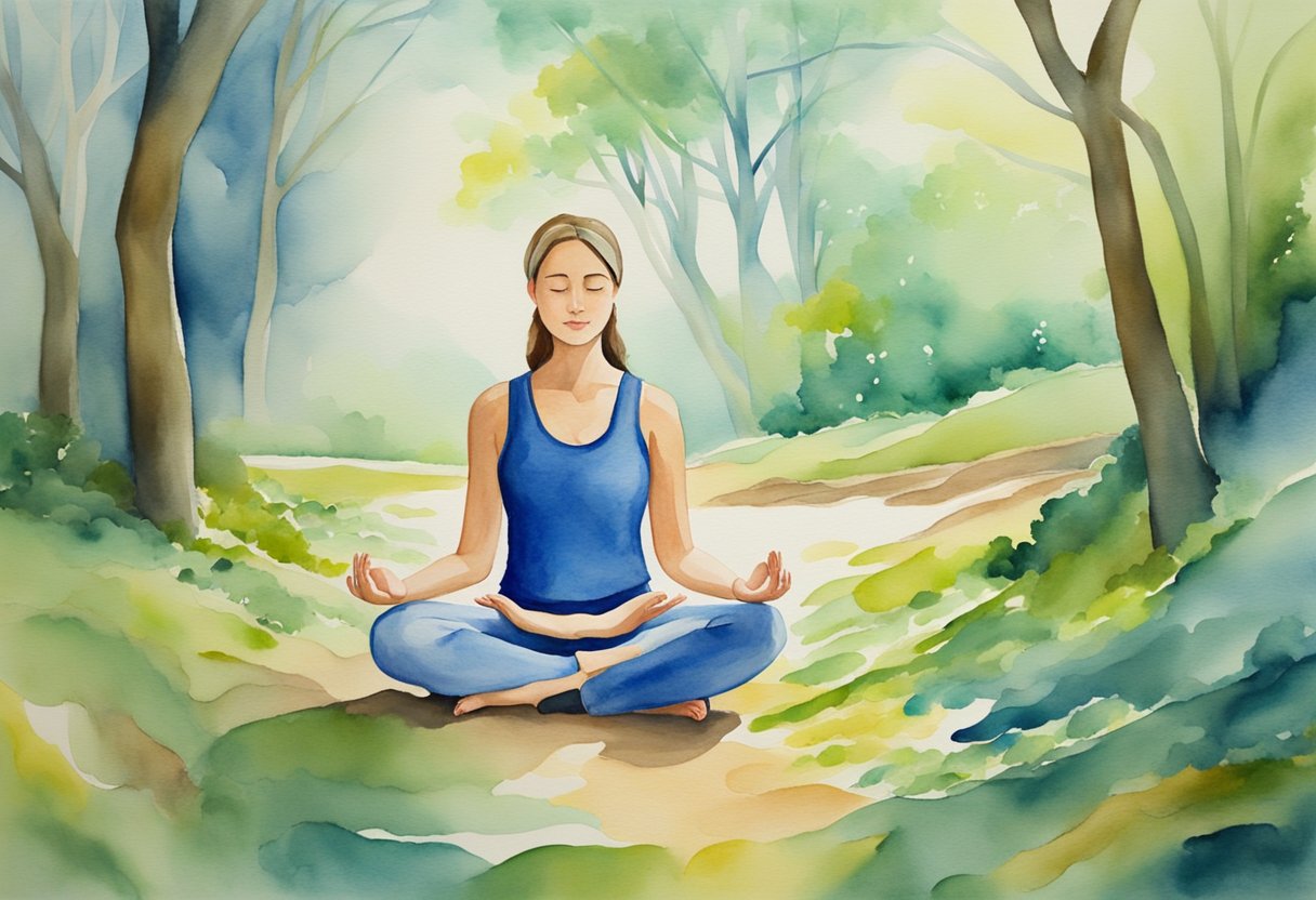 a digital watercolor of a woman practicing yoga in the forest