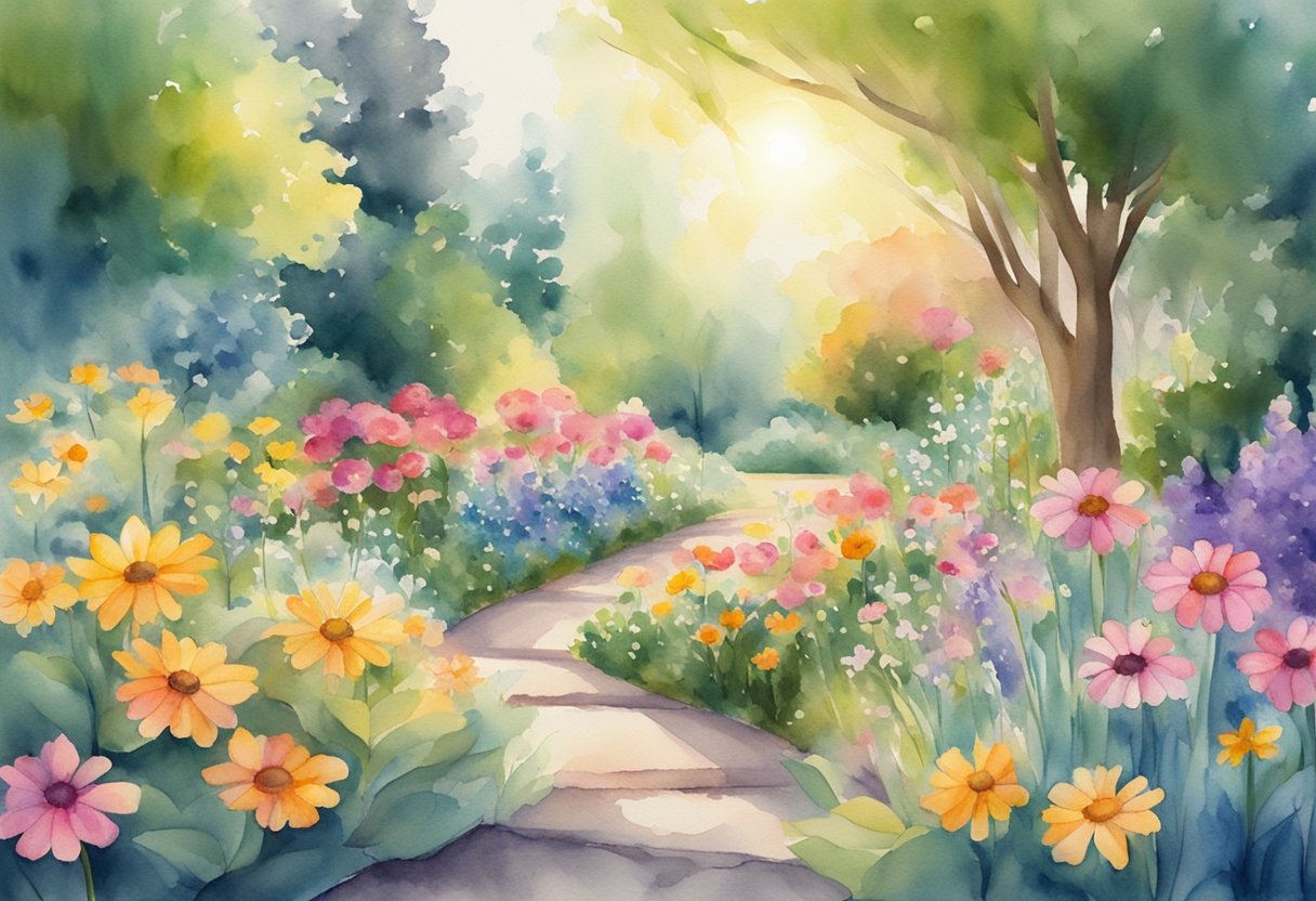 A digital watercolor of a a flower garden