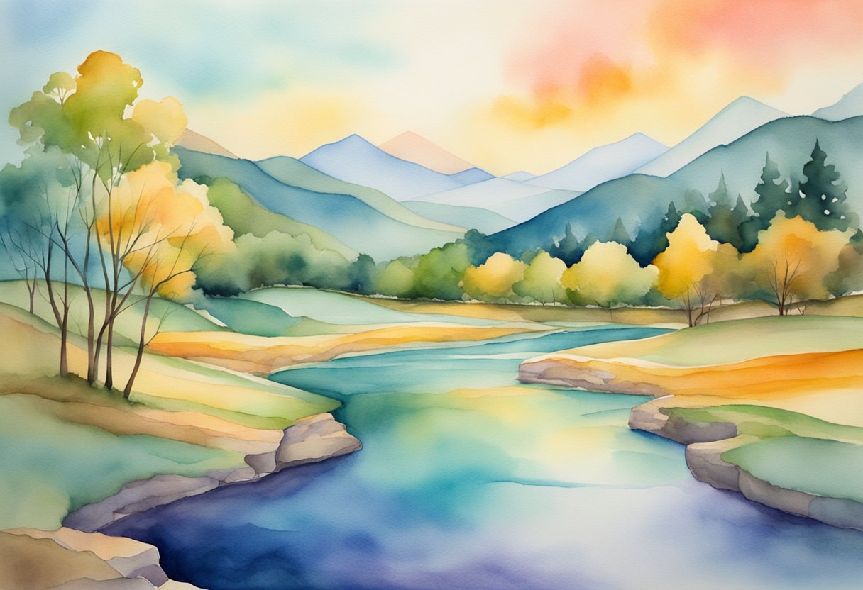 a digital watercolor of a river flowing through an open field