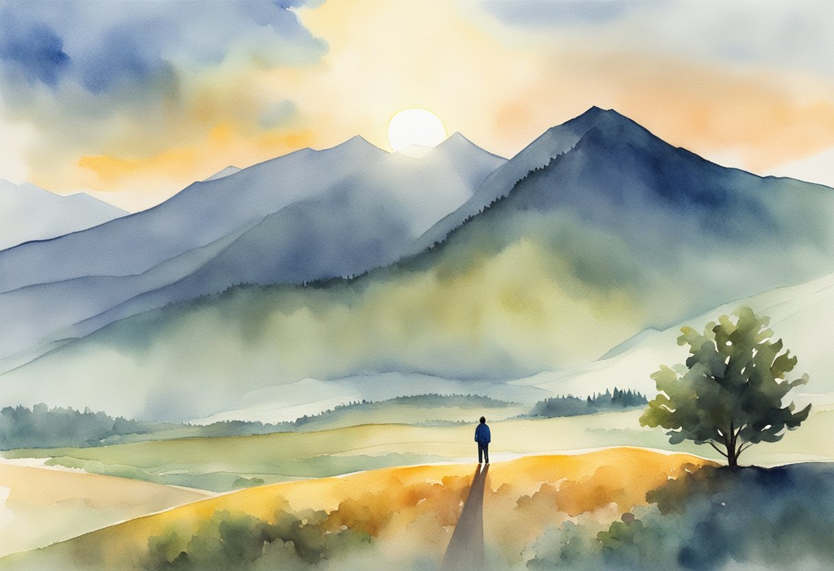 A digital watercolor of a man standing in an open field observing the view at sunset