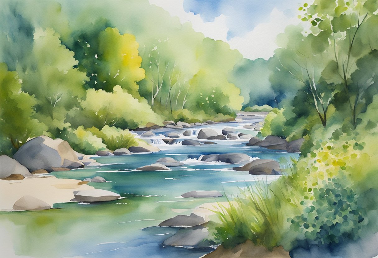 a digital watercolor of a mountain river