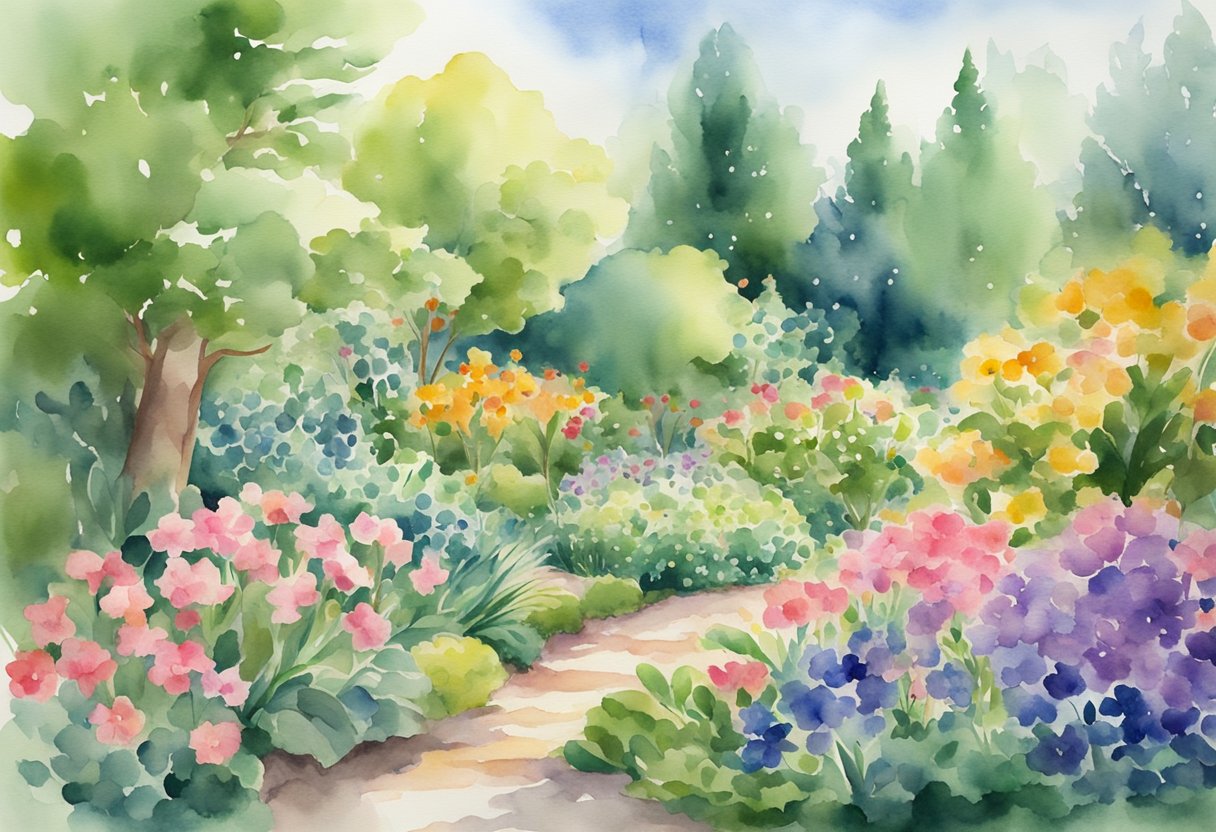 A digital watercolor of a pathway through a flower garden