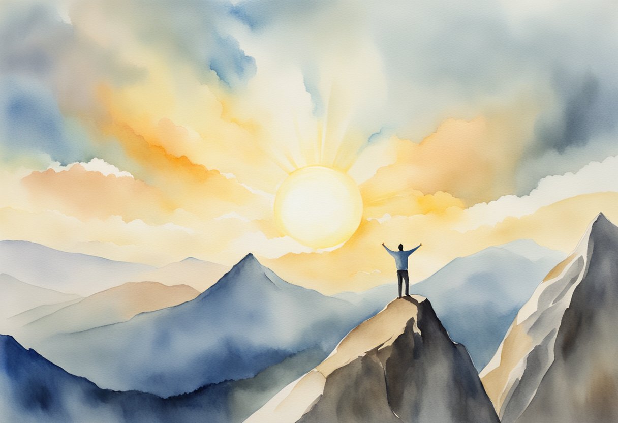 A digital watercolor of a man standing on top of a mountain in celebration at sunset