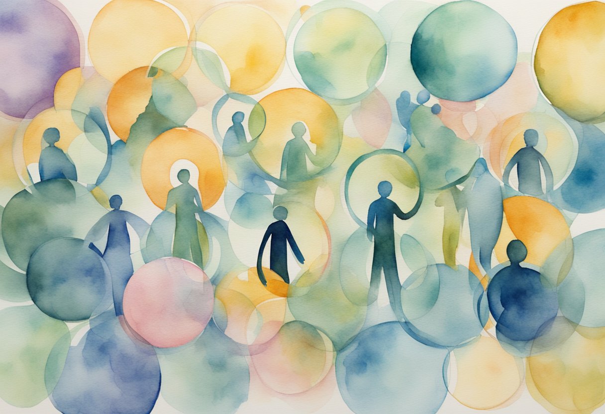 a digital watercolor of people in circles