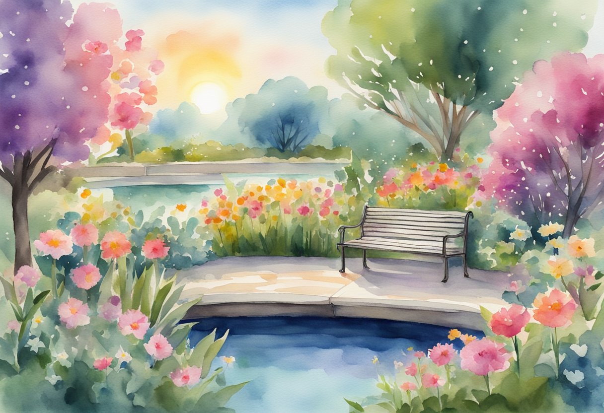 A digital watercolor of a park bench in front of a pond in a flower park