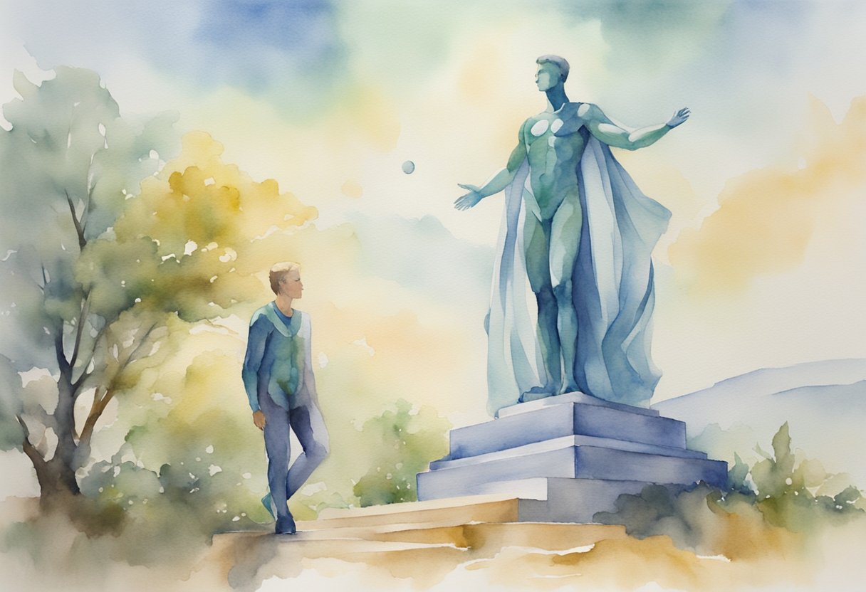 A digital watercolor of a man observing a statue