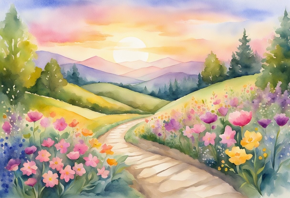 a digital watercolor of a walking path through a set of windflowers