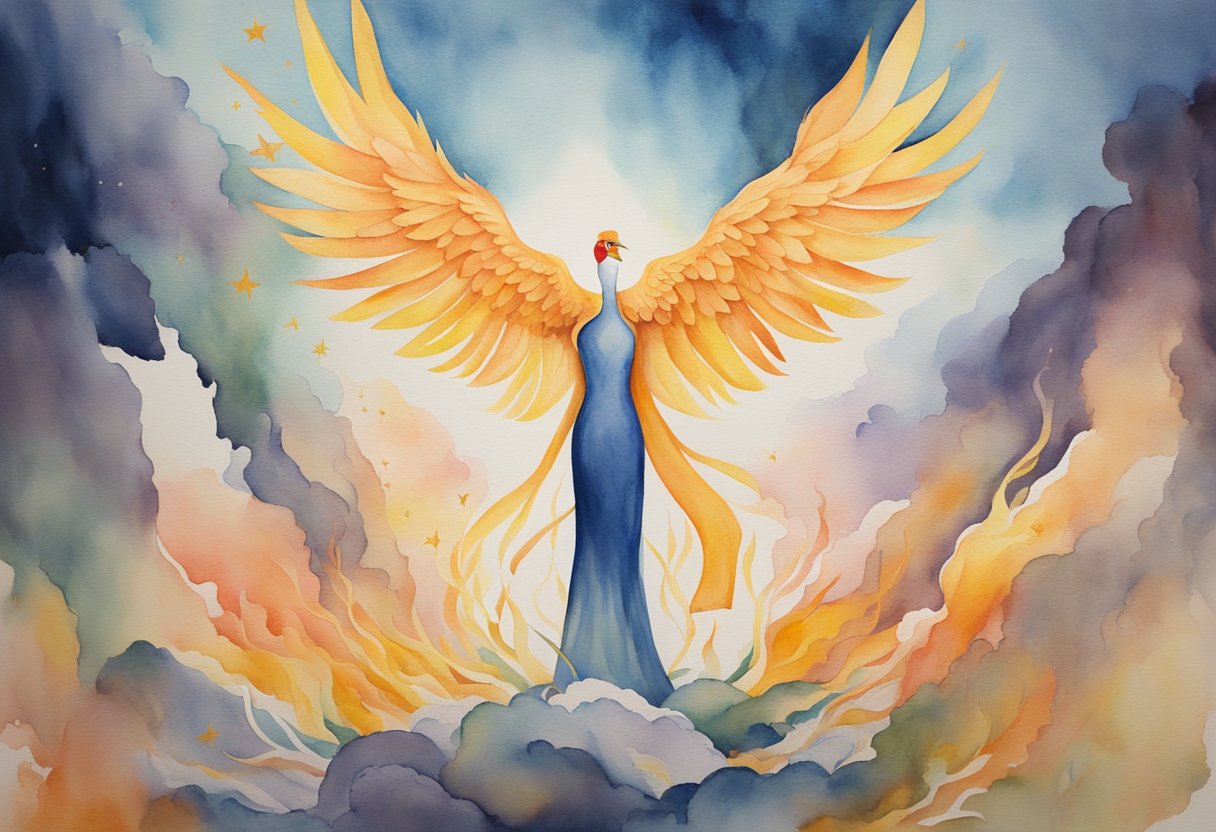 a digital watercolor of the phoenix rising from the ashes