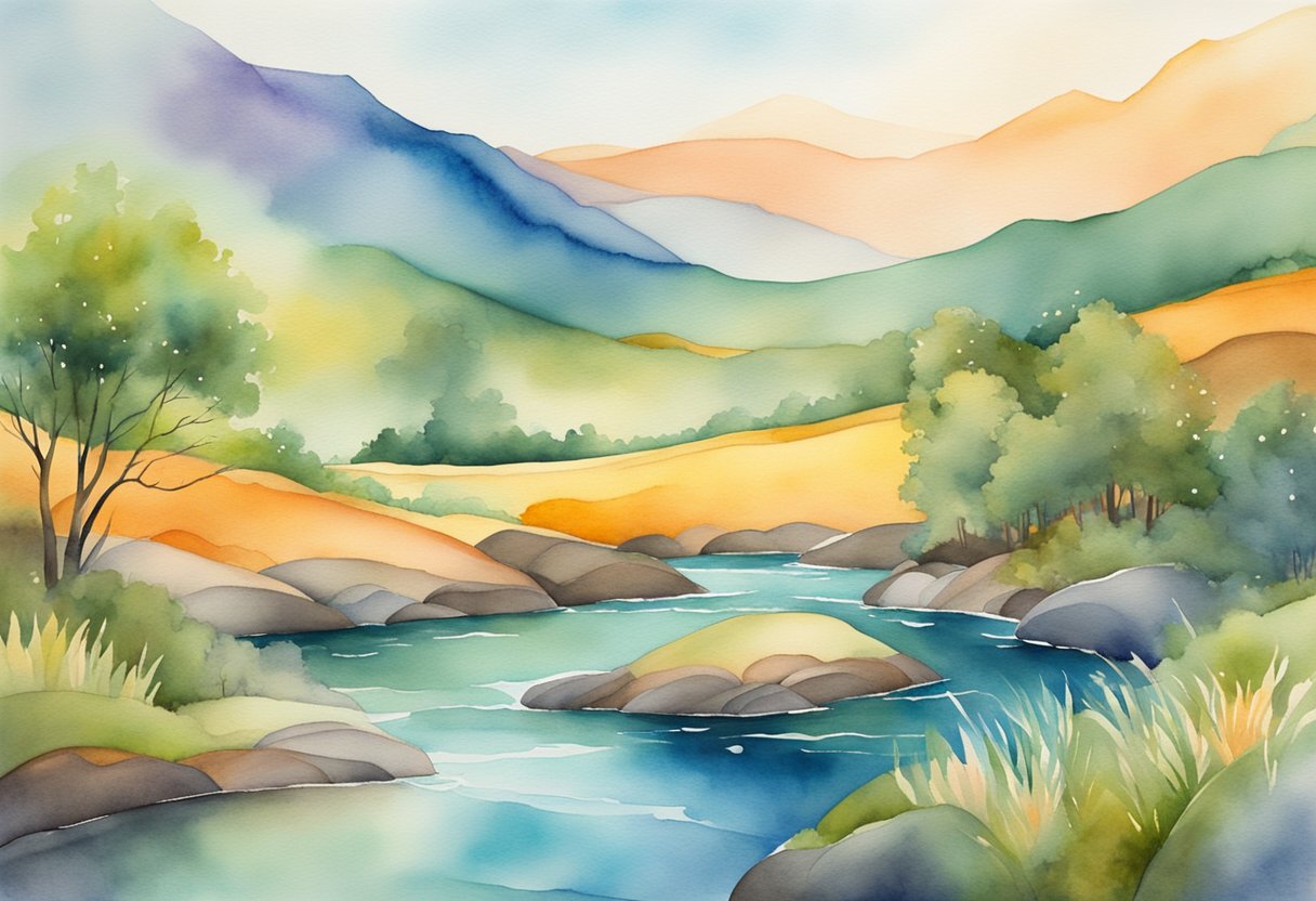 a digital watercolor of a river in the fall