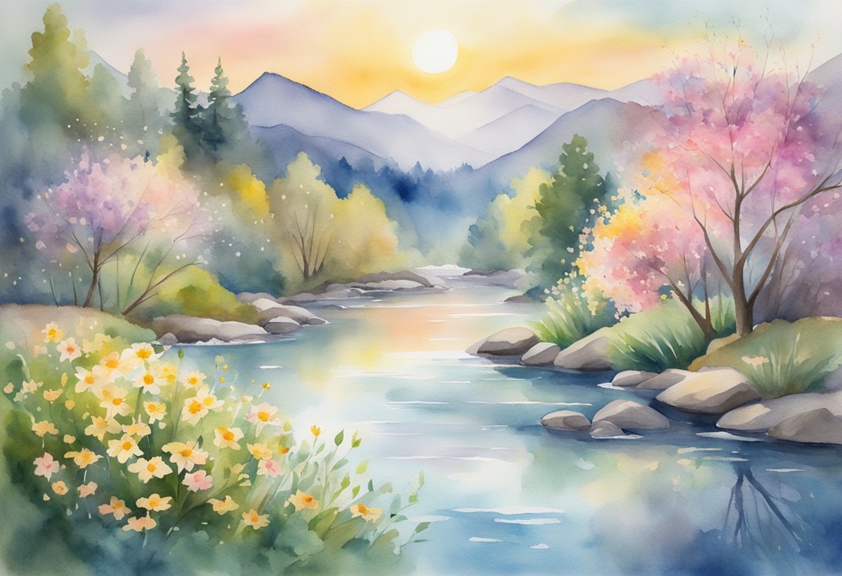 A digital watercolor landscape of a river and mountains