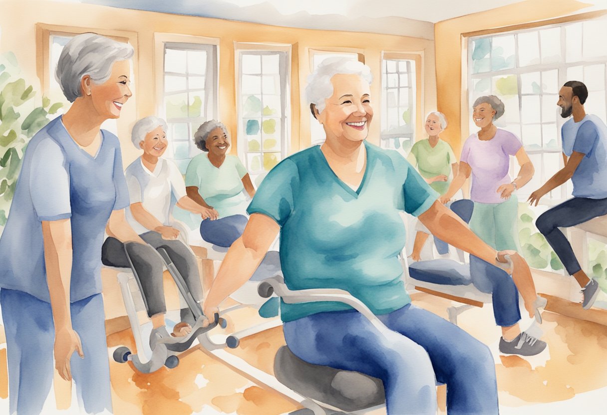 a digital watercolor of an excersize class