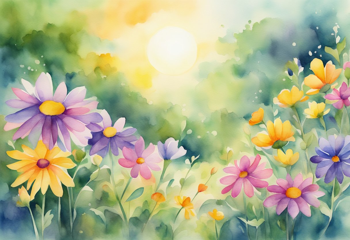 a digital watercolor of flowers and the sun