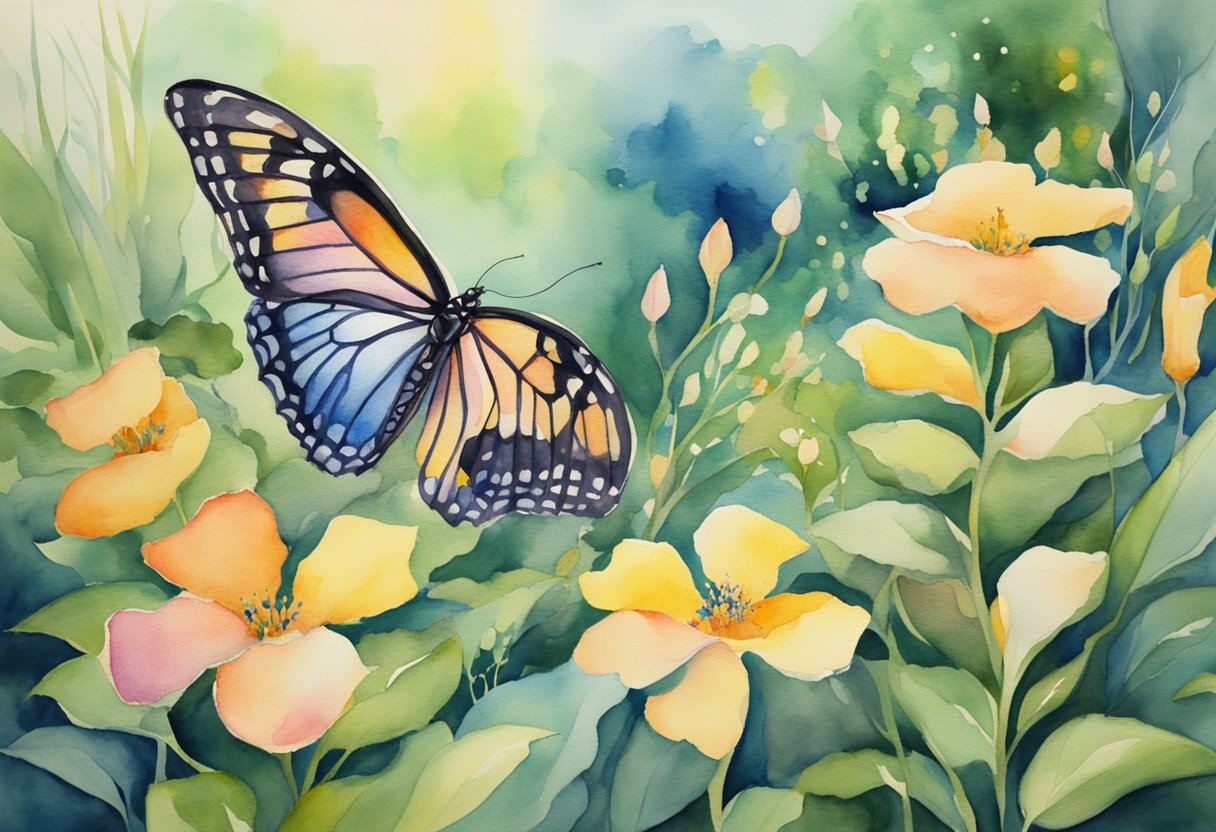 A digital watercolor of flowers and a butterfly