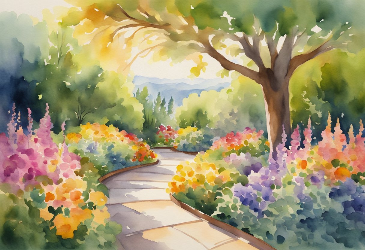 A digital watercolor of a flower garden