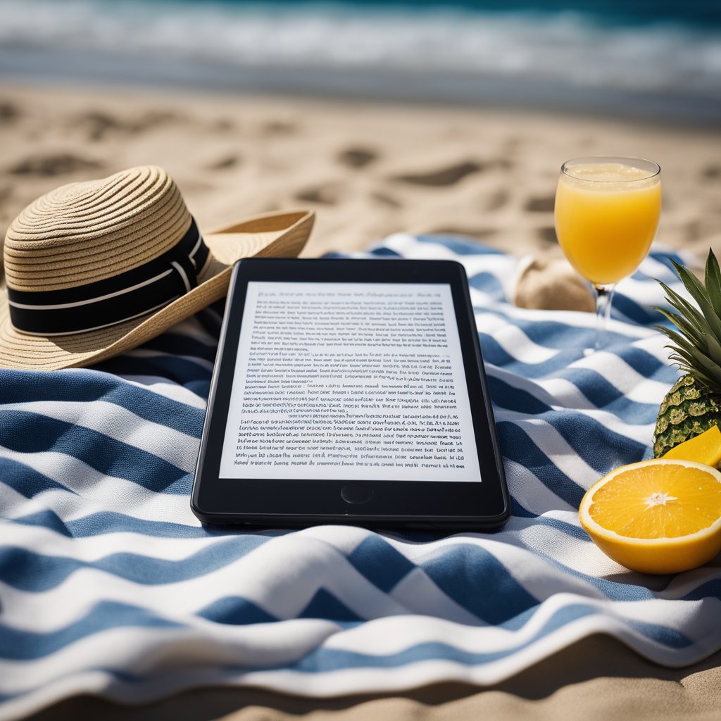 travel e-reader by ocean with a glass of orange juice