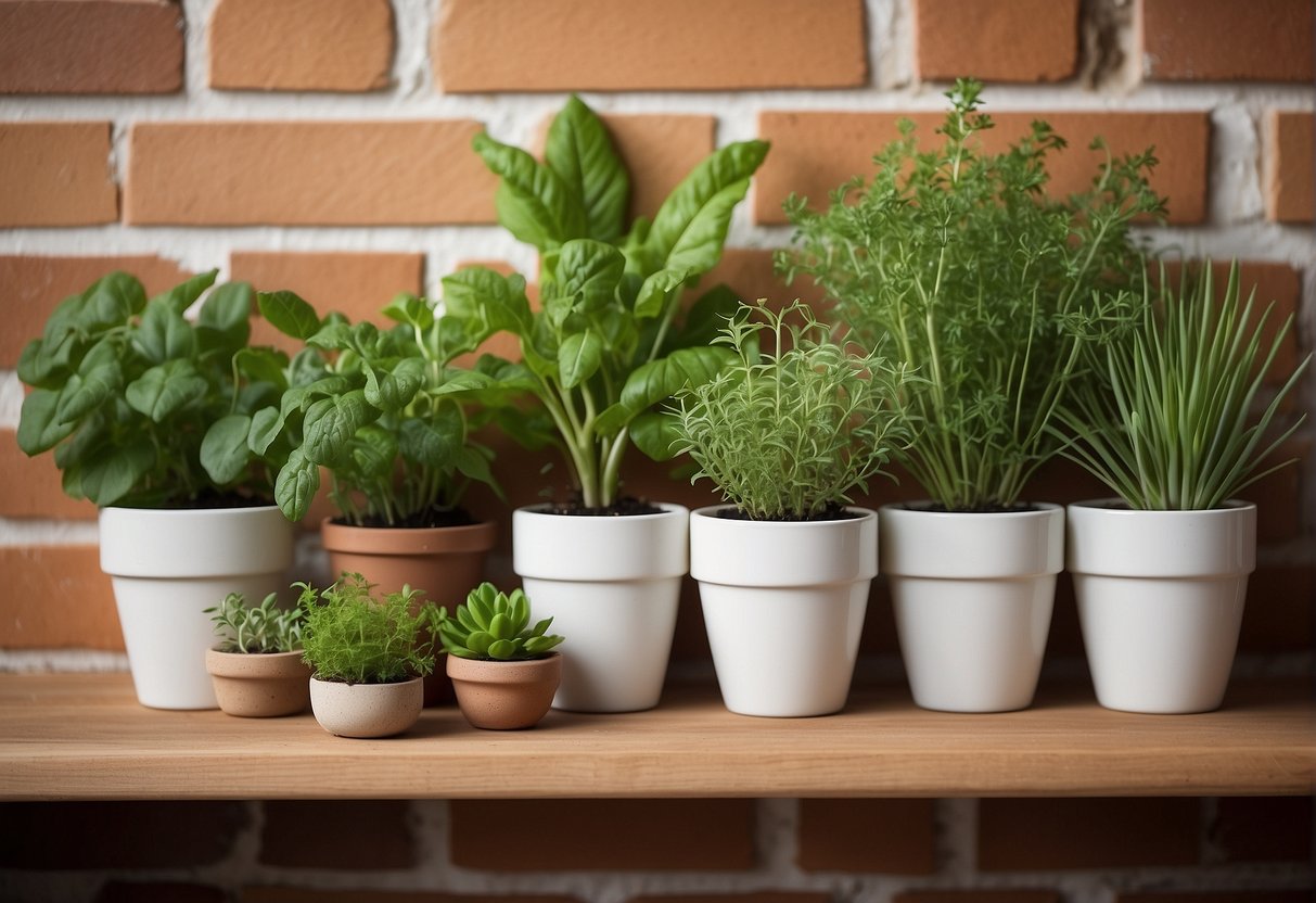 View of a selection of pots making up a DIY herb garden on a shelf with a brick background.