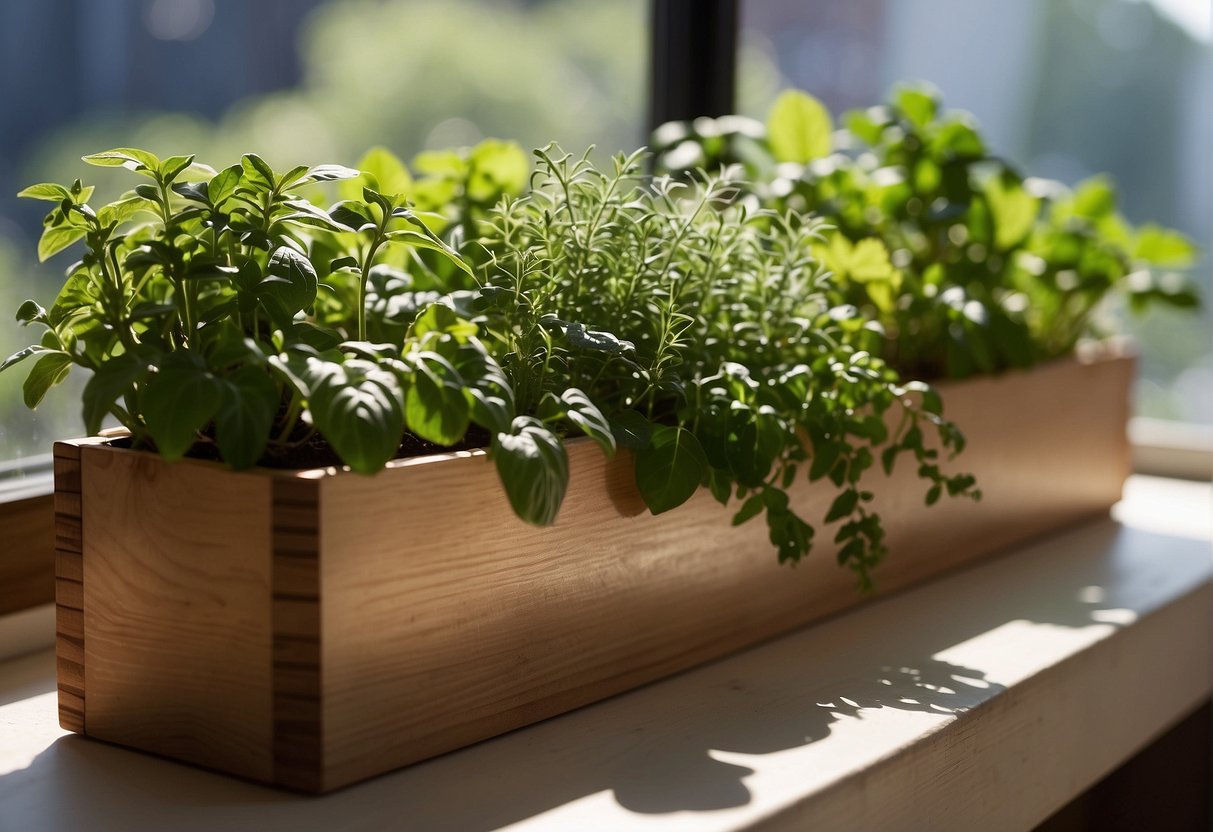 View of a wooden window box with herbs inside sitting on a sunny windowsill.