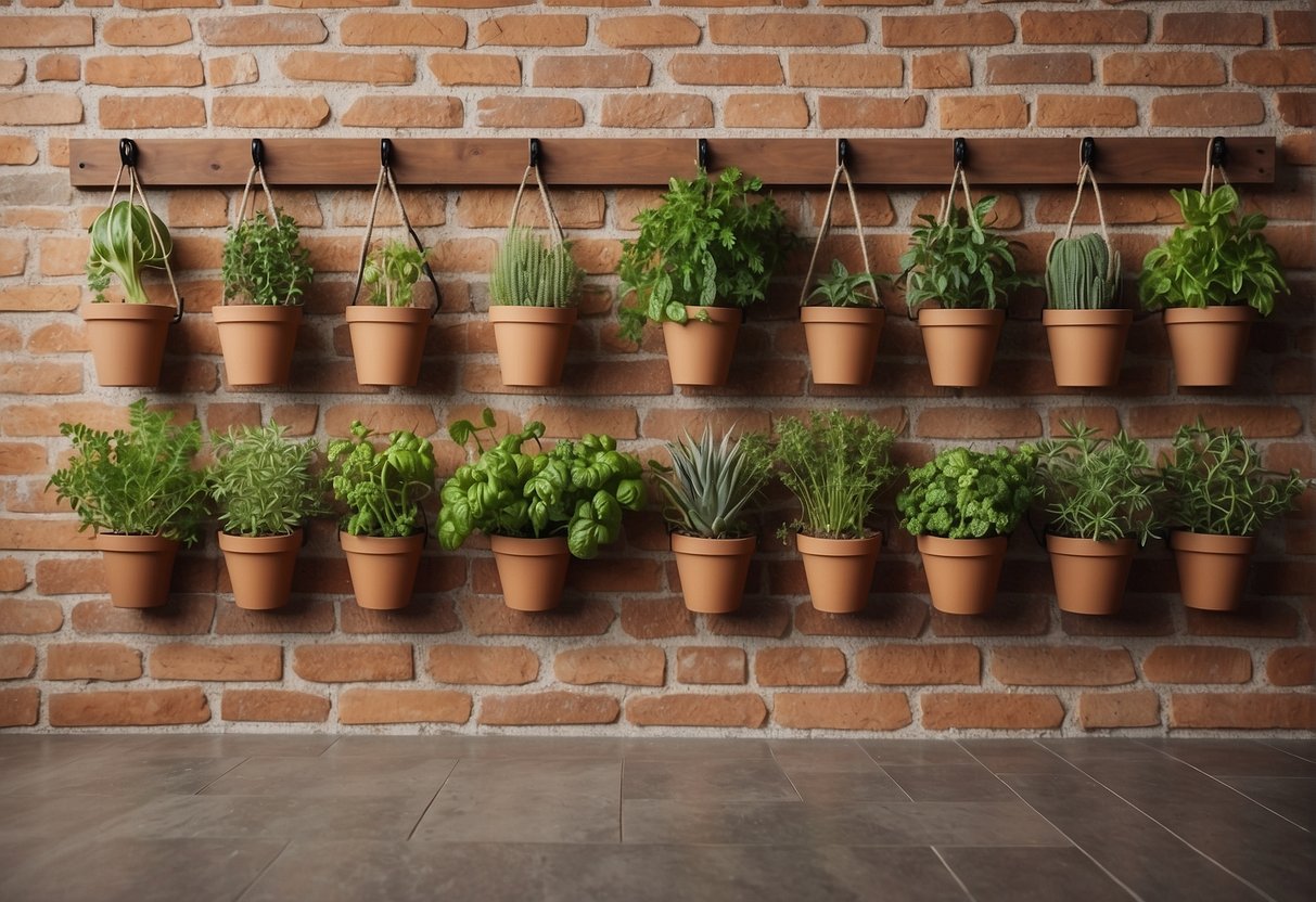 View of various herbs hanging from hooks and fixed to a brick background making up a DIY herb garden.