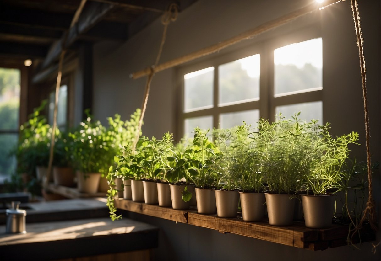 A selection of herbs in various pots making up a hanging DIY herb garden on a shelf in a sunny room.