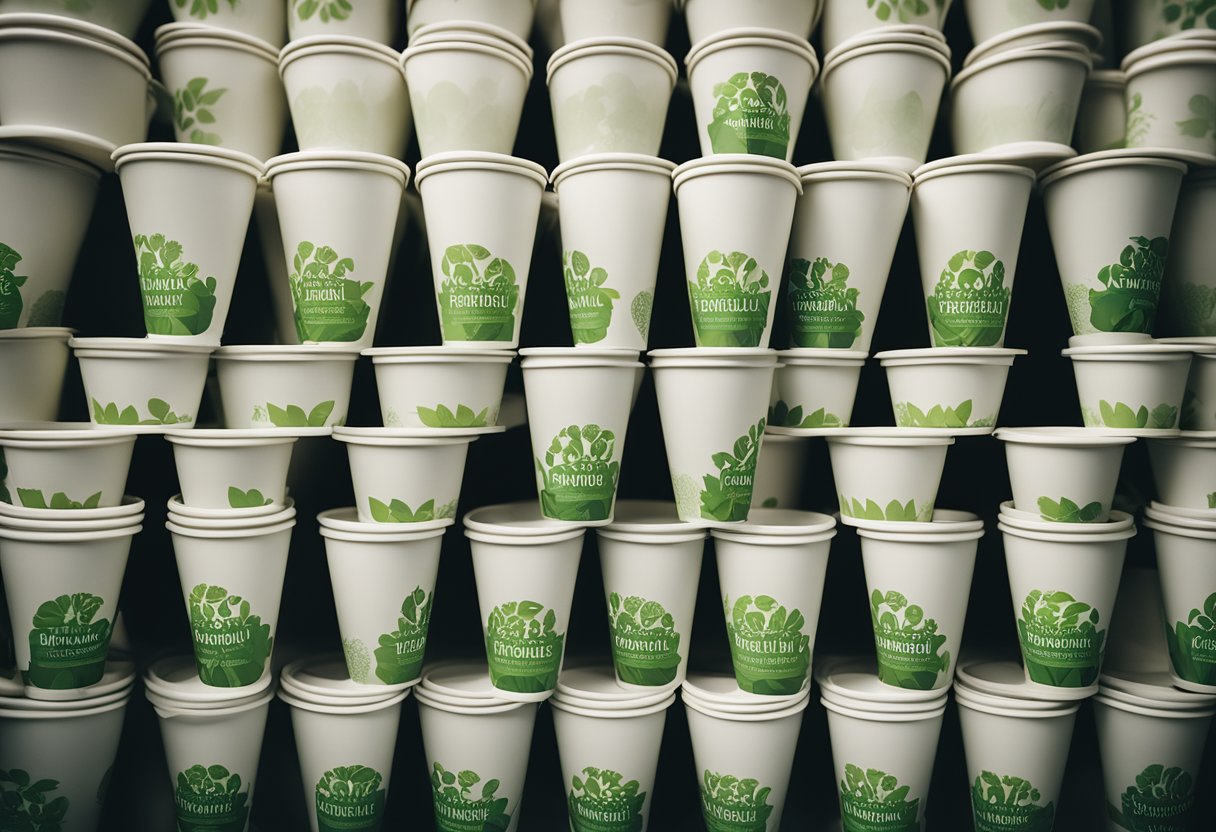 compostable cups staked on top of each other making a wall of cups