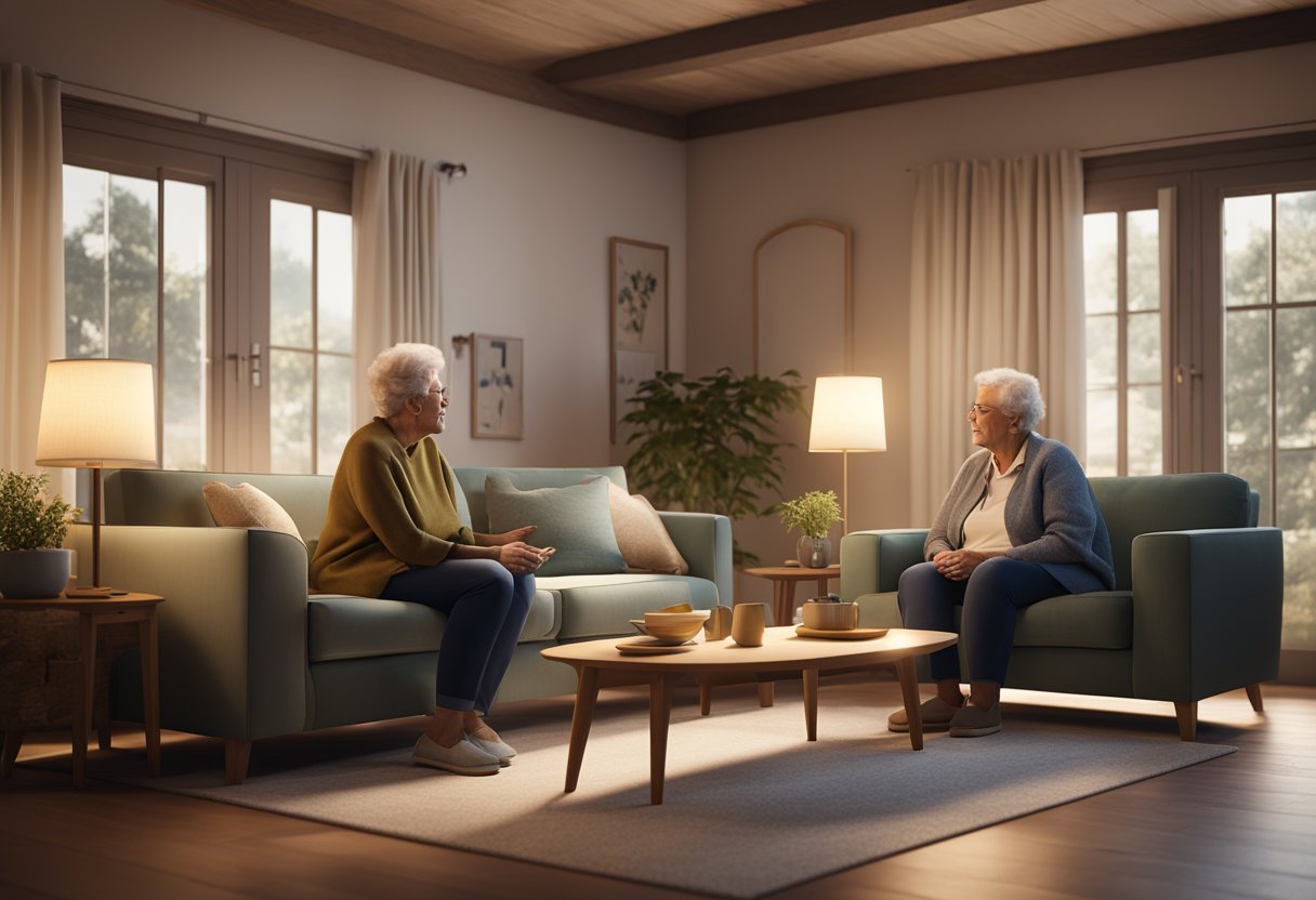 two elderly women talking in a living room