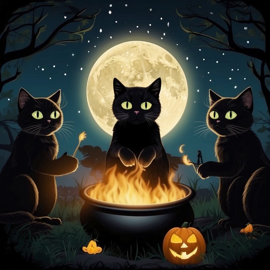 cartoon kitties around a fire