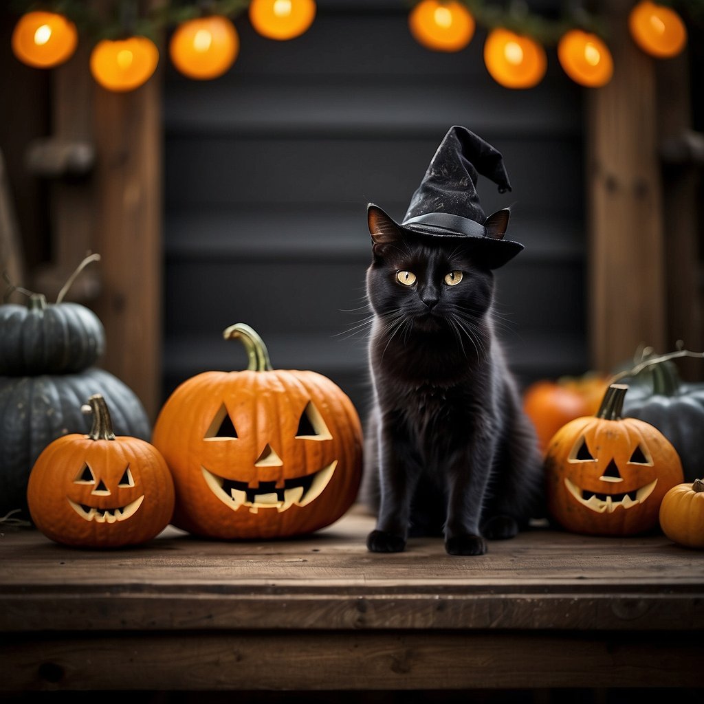 Halloween kitty with pumpkins