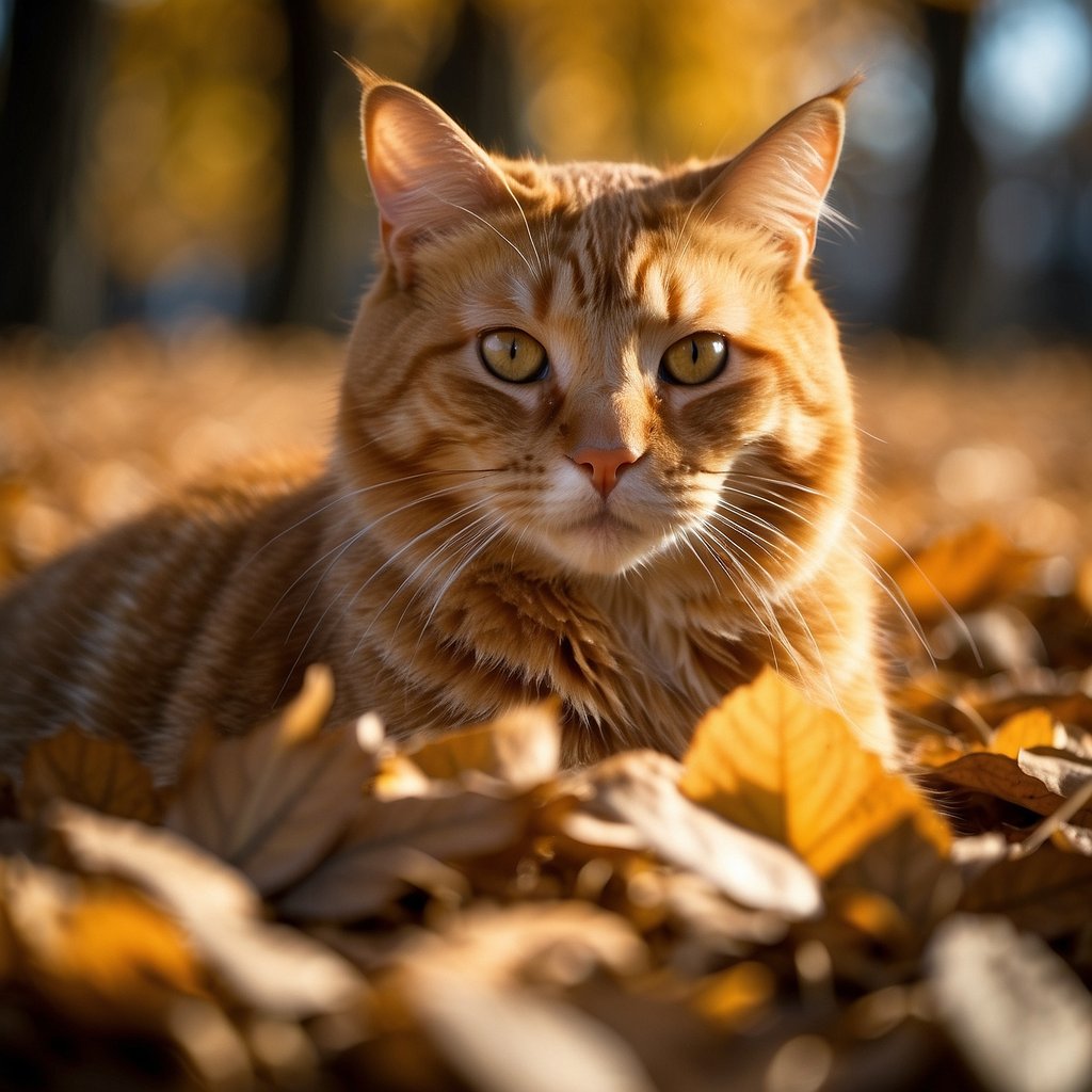Ginger kitty with fall leaves