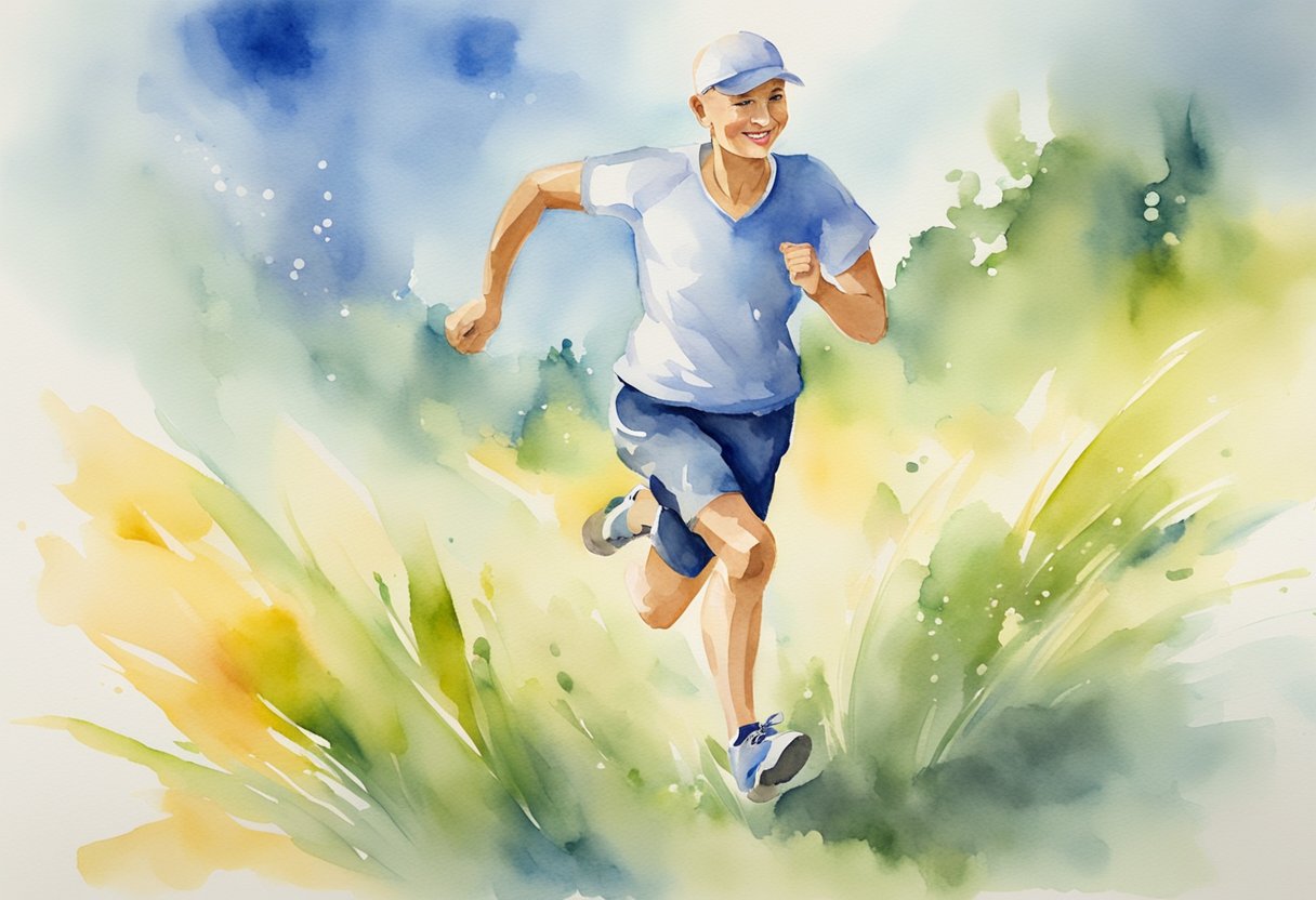 A digital watercolor of a lady running in the park