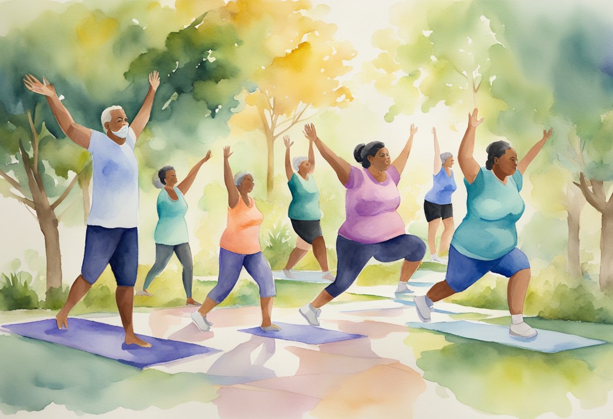 A digital watercolor of people practicing yoga in the park