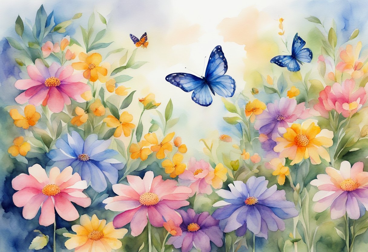 A digital watercolor of butterflies and flowers