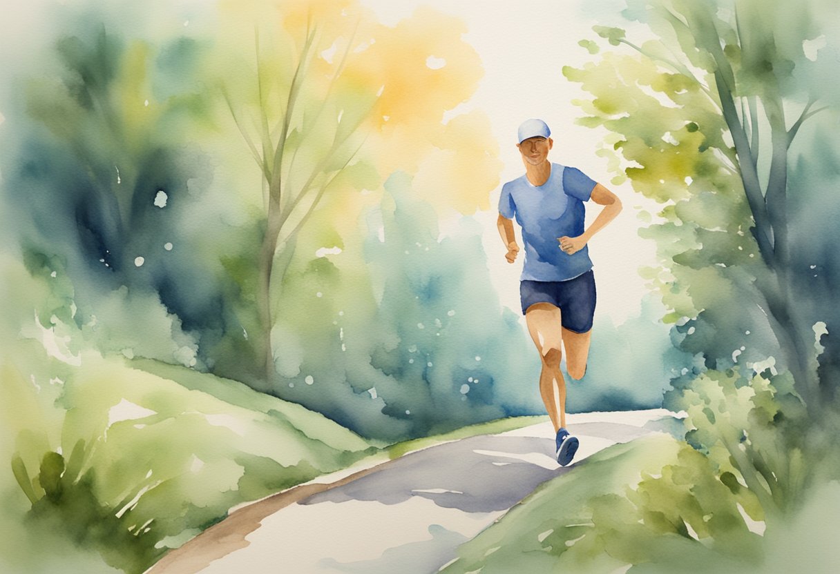 A digital watercolor of a man running down a path