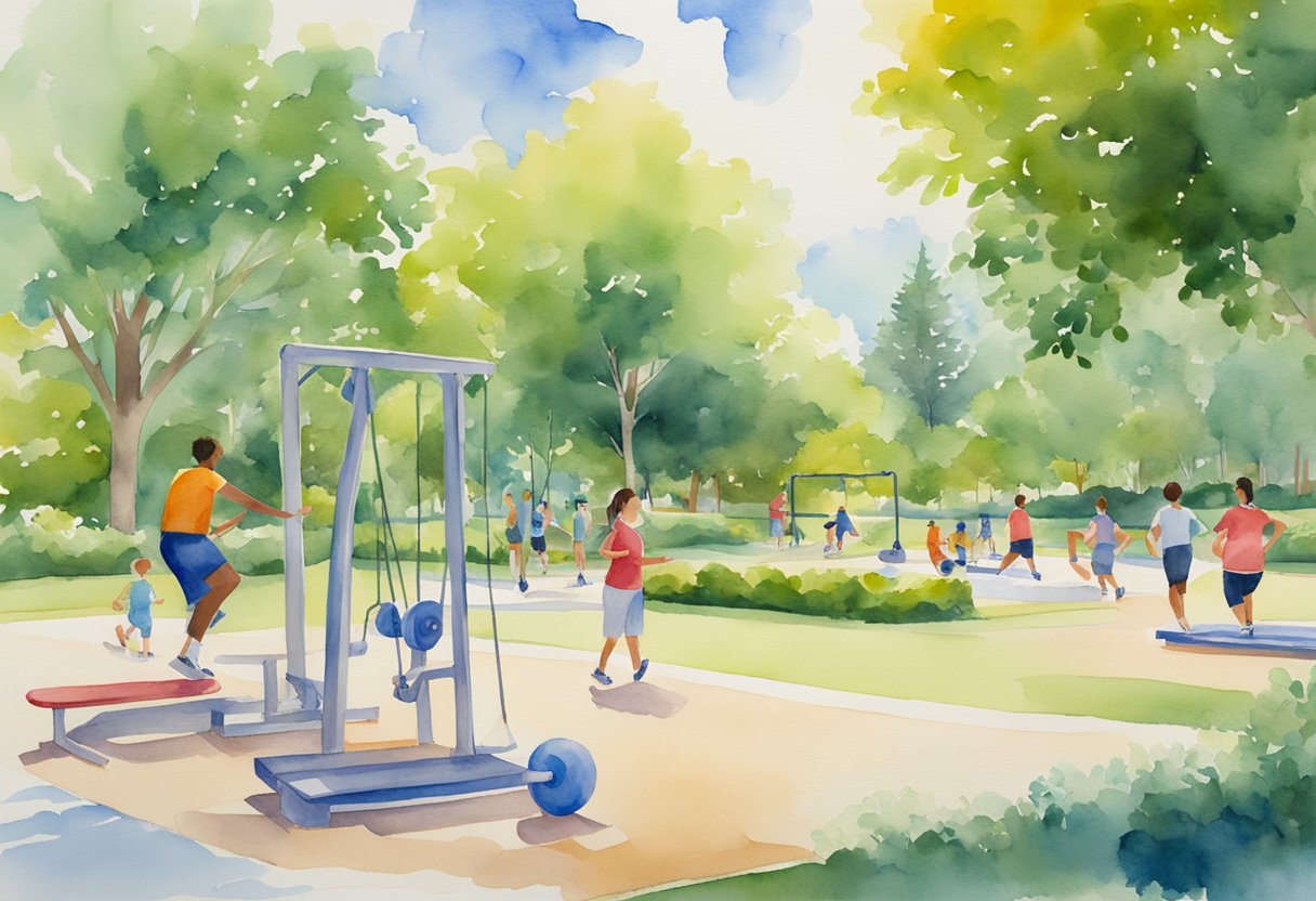 A digital watercolor of a workout area in a park