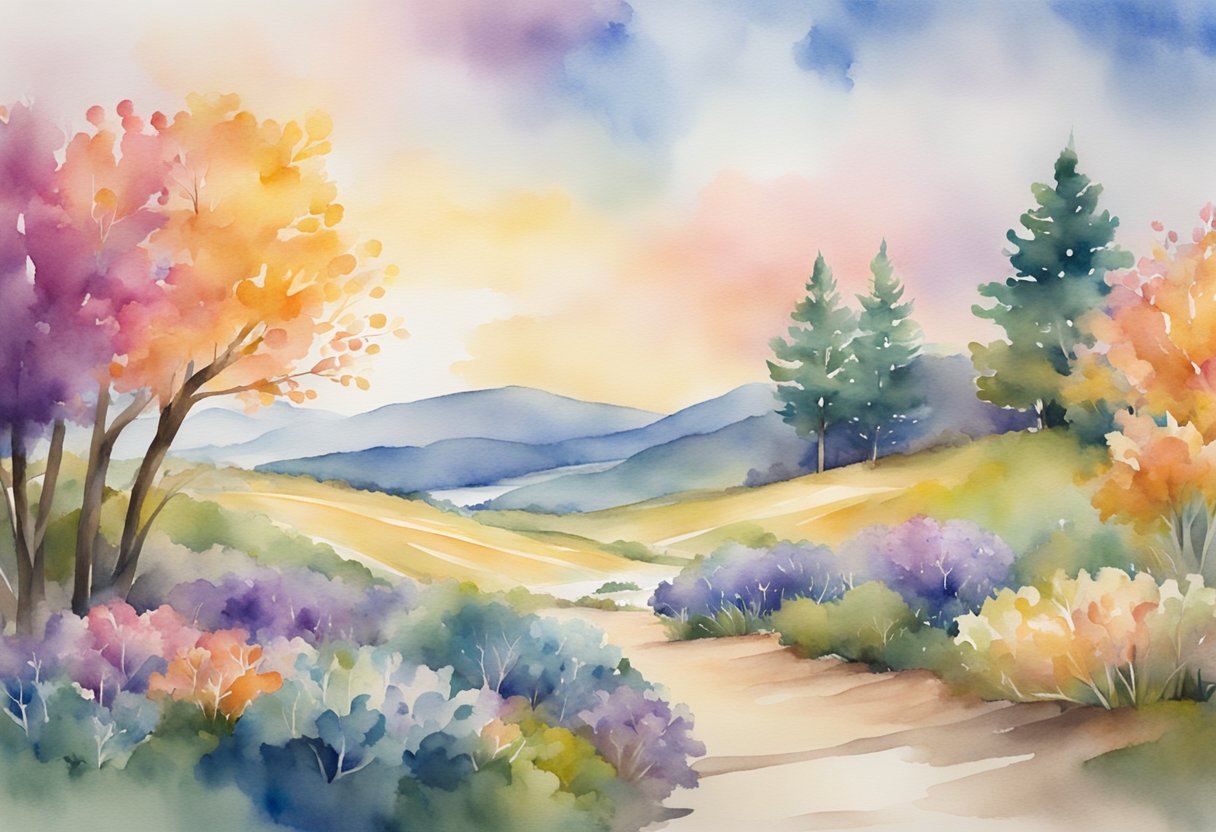 A digital watercolor of a path into a clearing with a view
