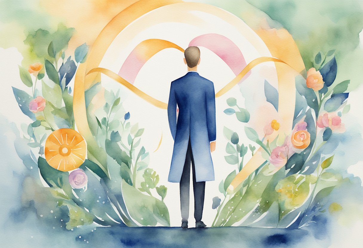 A digital watercolor of a man standing at the entrance of a floral garden of peace