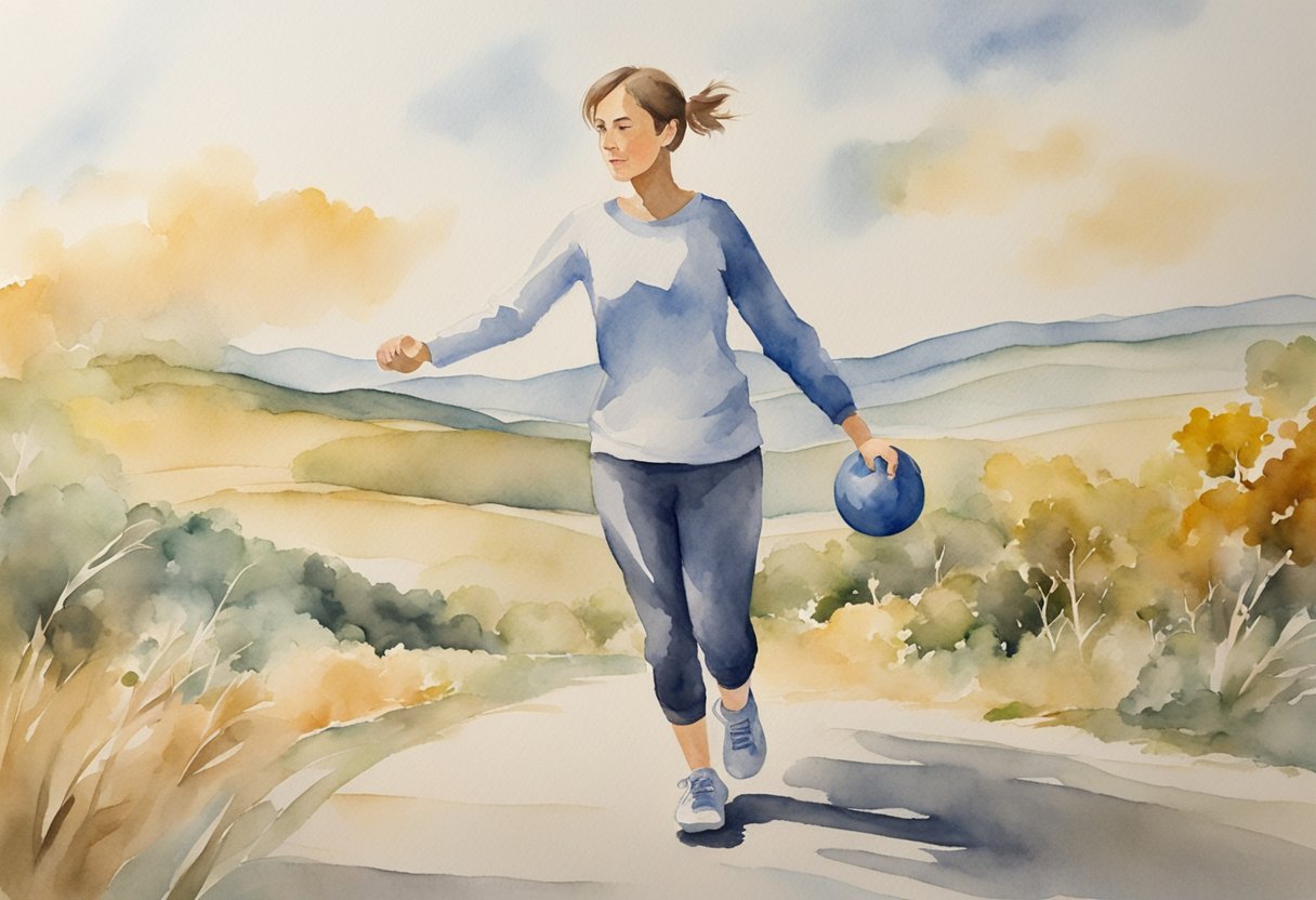 A digital watercolor of a woman jogging with a bowling ball