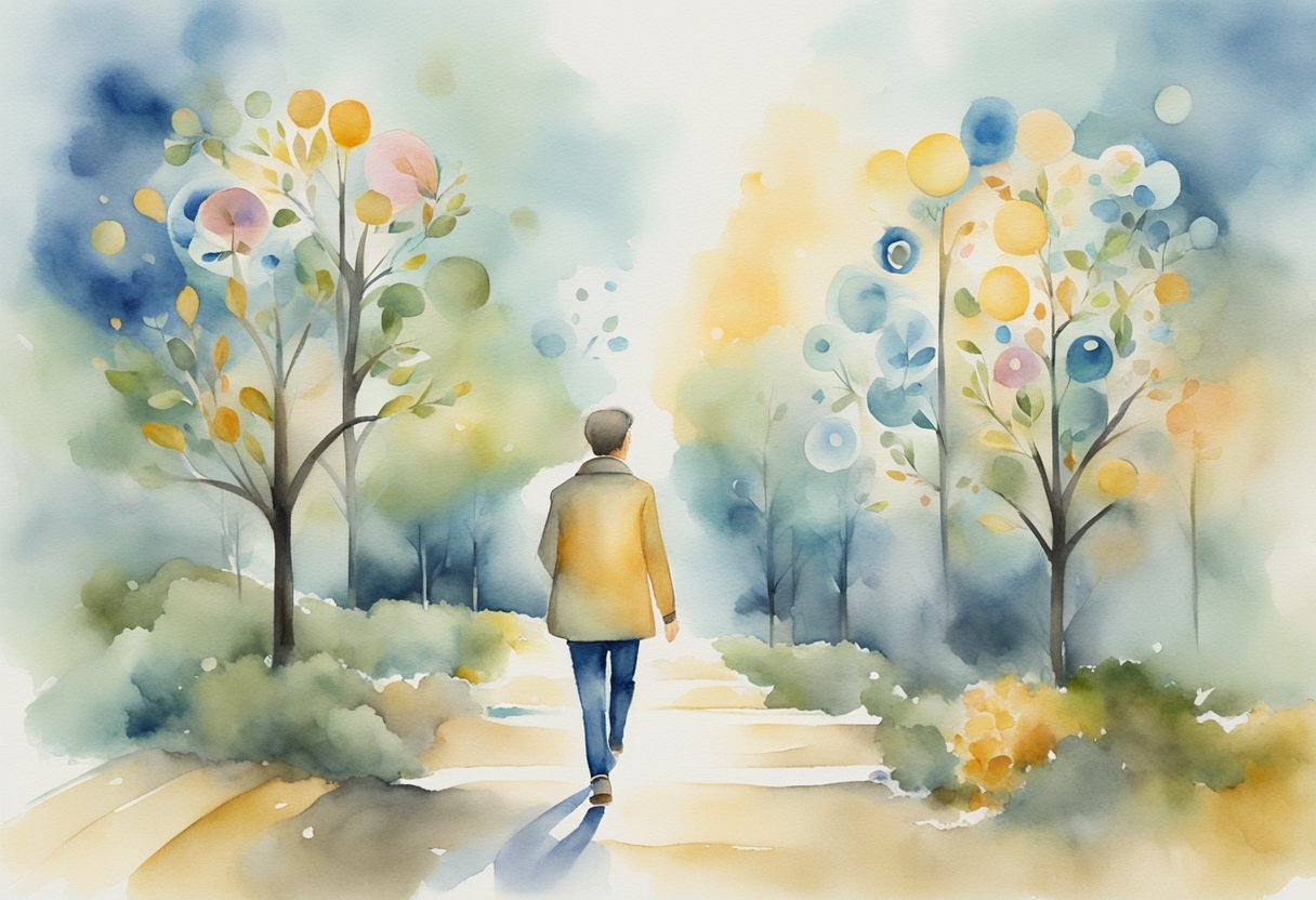 A digital watercolor of a strill through a park