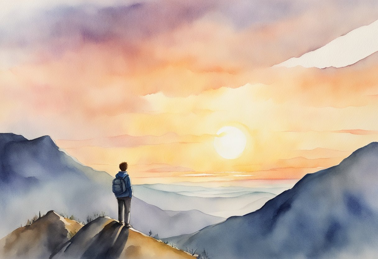 A digital watercolor of a man standing on a ridge watching the sunset.