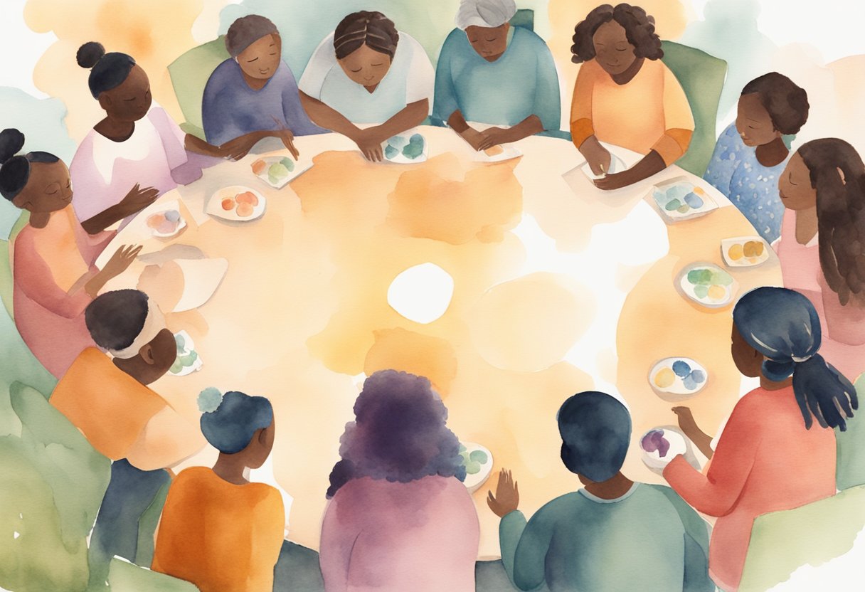 A digital watercolor of a round table with friends eating snakes
