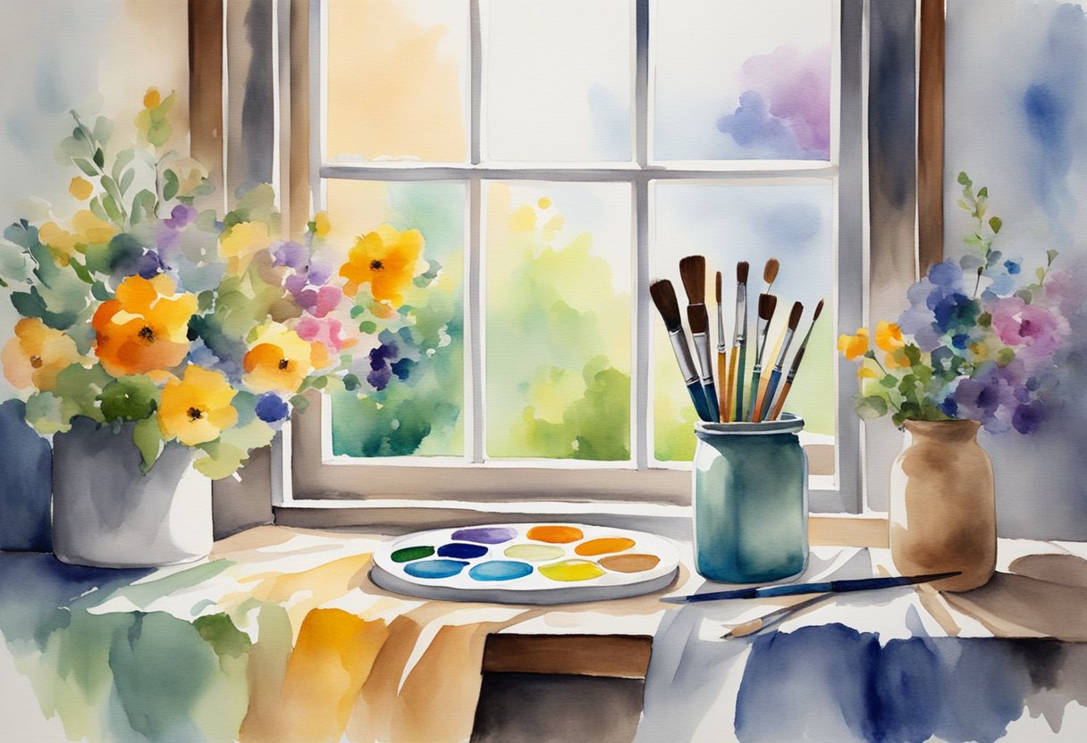 A digital watercolor of a painters table in the windows sunlight
