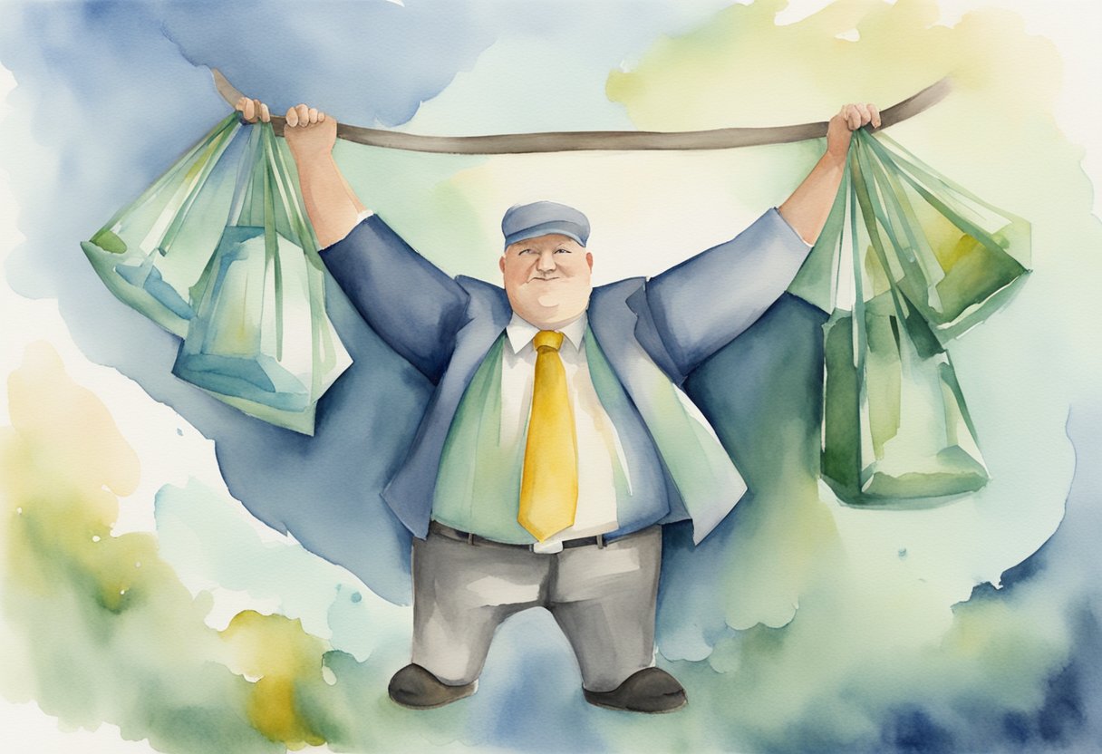 A digital watercolor of a man holding shopping bags on a stick above his head