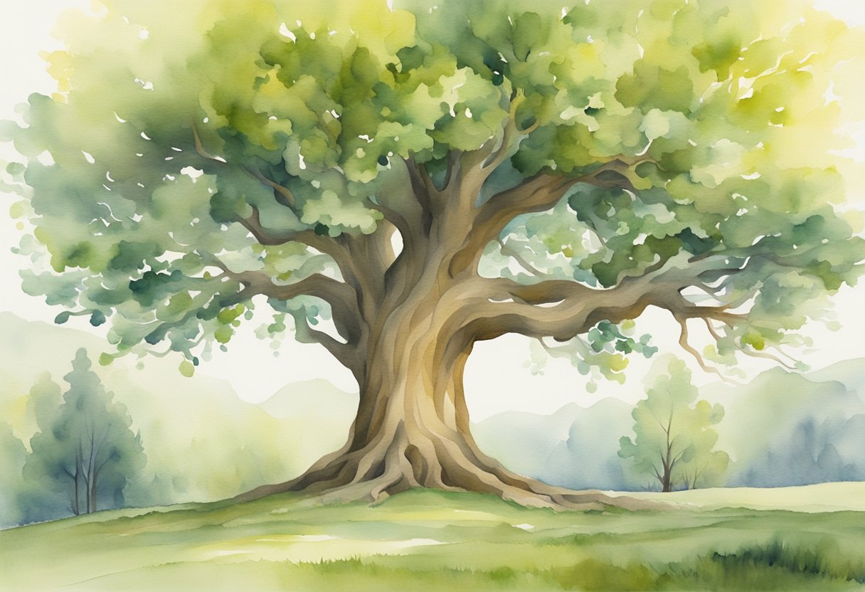 A digital watercolor of a large old tree