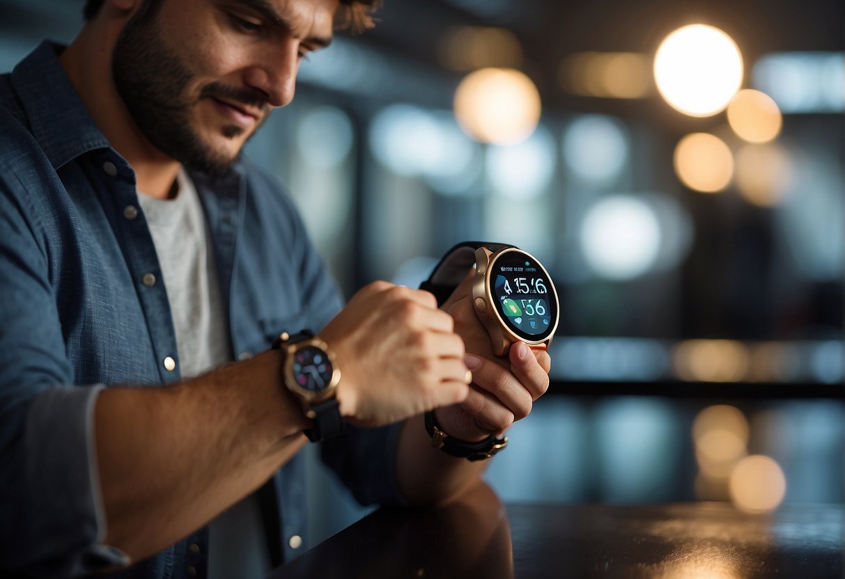 man holding and adjusting smartwatch